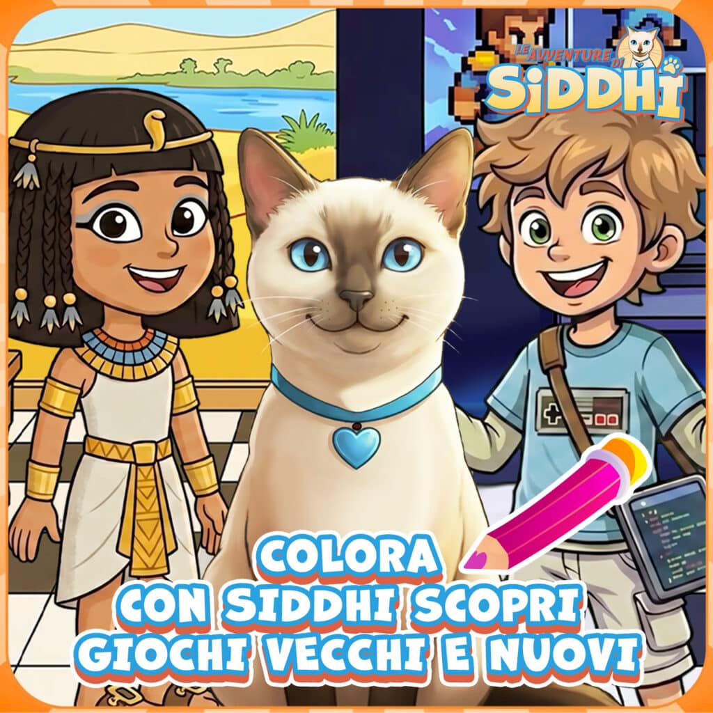Siddhi insieme a Keopina dell'antico egitto e a Peo asso dei videogiochi ci invita a disegnare e colorare