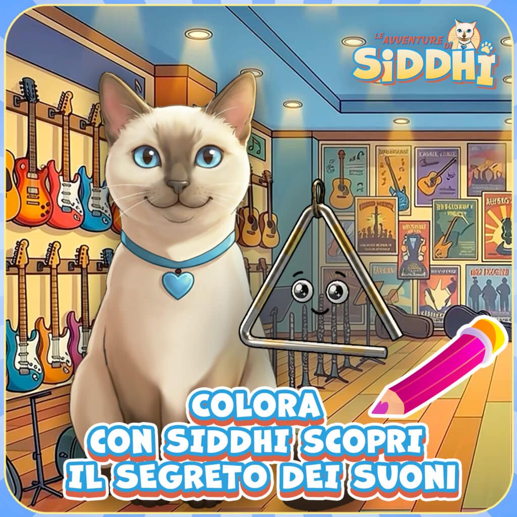 Siddhi in un colorato negozio di strumenti musicali insieme a Triangolino ti invita a colorare e imoarrare il segreto dei suoni