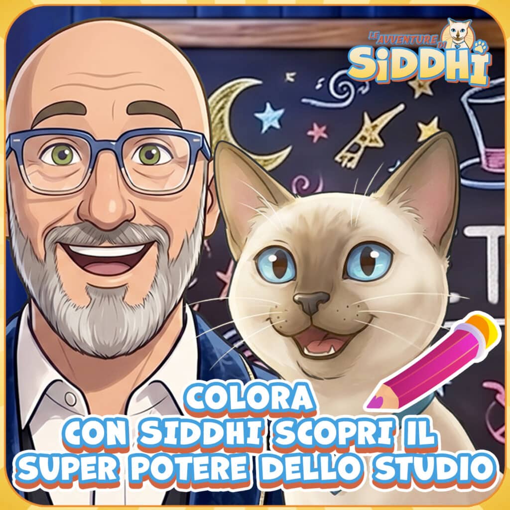 il mago Ema e la dolce gatta Siddhi ti invitano a colorare e scoprire il super potere dello studio
