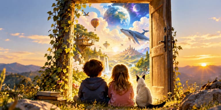 due bambini seduti su un prato, immaginano il mondo e la realtà oltre una porta insieme alla dolce gatta siamese Siddhi