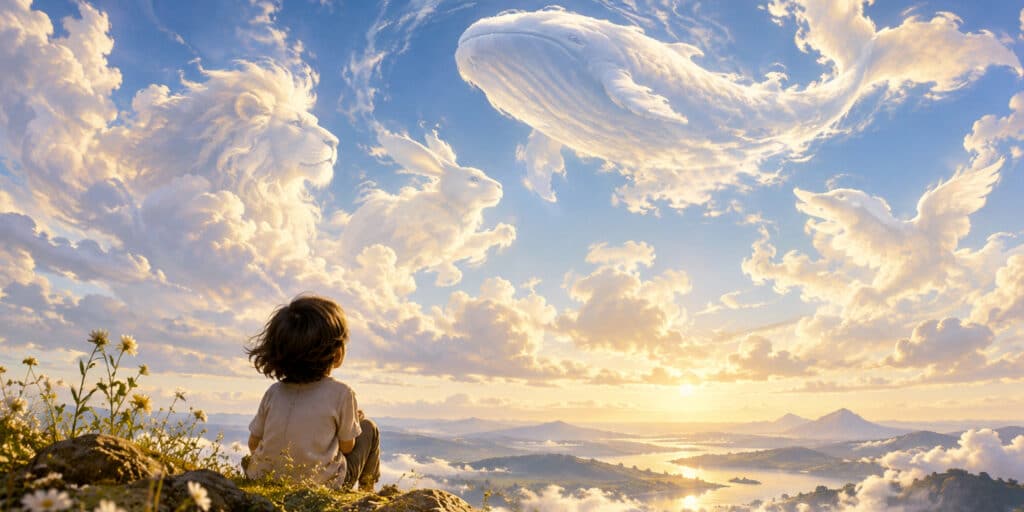 una bambina in un prato guarda il cielo e vede animali fantastici nelle nuvole, sognando ad occhi aperti