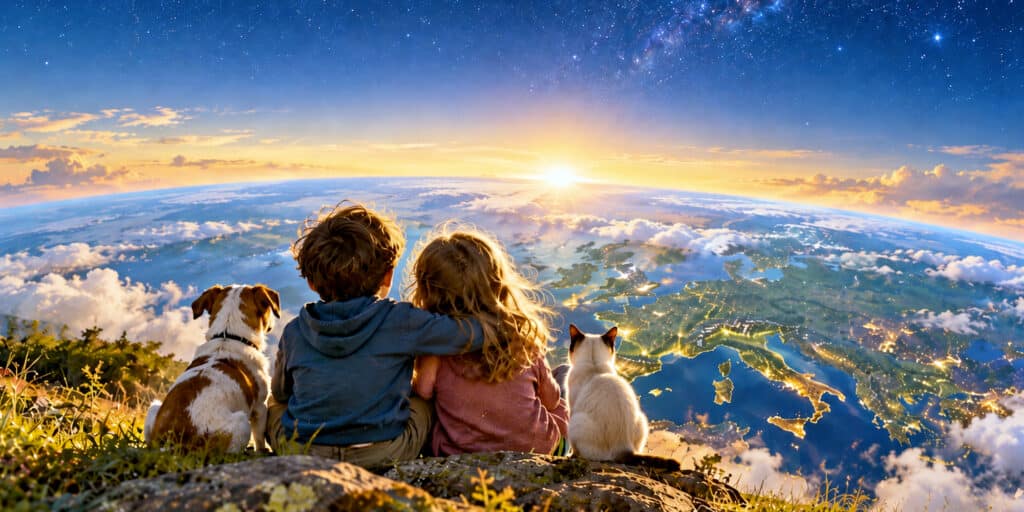 un bambino e una bambina visti di spalle immaginano un mondo migliore davanti a loro inisem ai loro amici a quattro zampe, un simpatico cagnolino e la dolce gatta siamese Siddhi